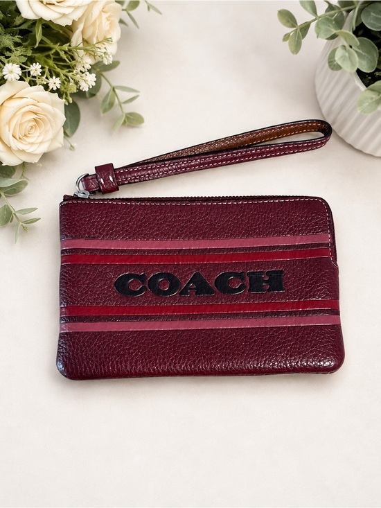 Coach Accessories - COACH Burgundy Leather Wristlet Logo Stripe Zip